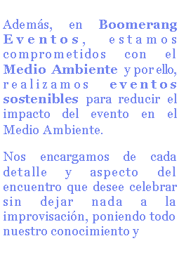 Además, en Boomerang Eventos, estamos comprometidos con el Medio Ambiente y por ello, realizamos eventos sostenibles para reducir el impacto del evento en el Medio Ambiente.
Nos encargamos de cada detalle y aspecto del encuentro que desee celebrar sin dejar nada a la improvisación, poniendo todo 